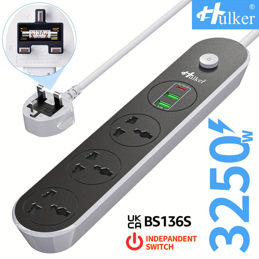 3 Way Hulker Extension Lead with Premium 1.6M Bold Extension Cord, 13A 3250W, 3 USB Ports (1 Type C and 2 USB Ports) Universal Power Strips