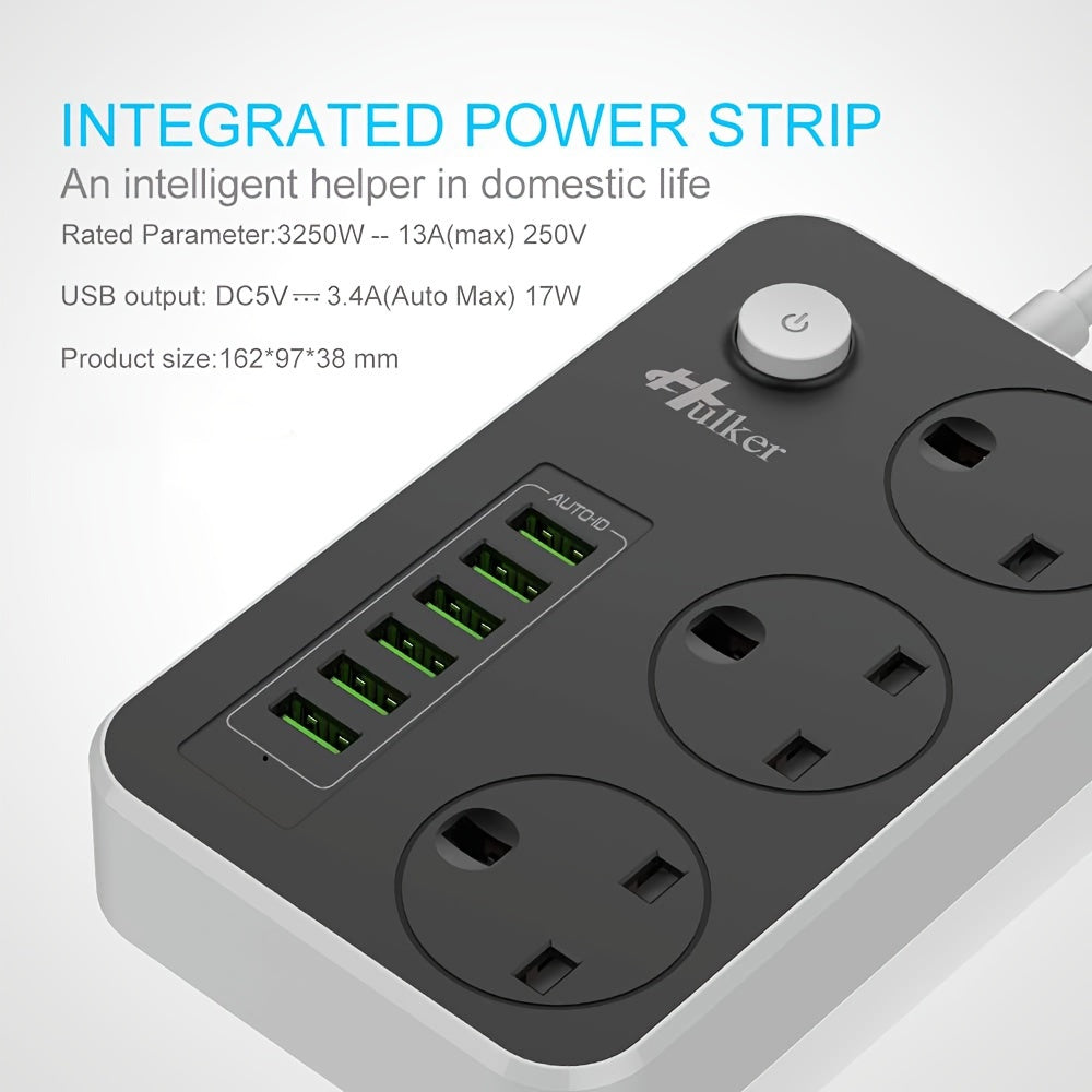 2M Durable Hulker Power Strips with 3 Way Outlets, 6 USB Ports, Smart USB Charger, and UK Socket