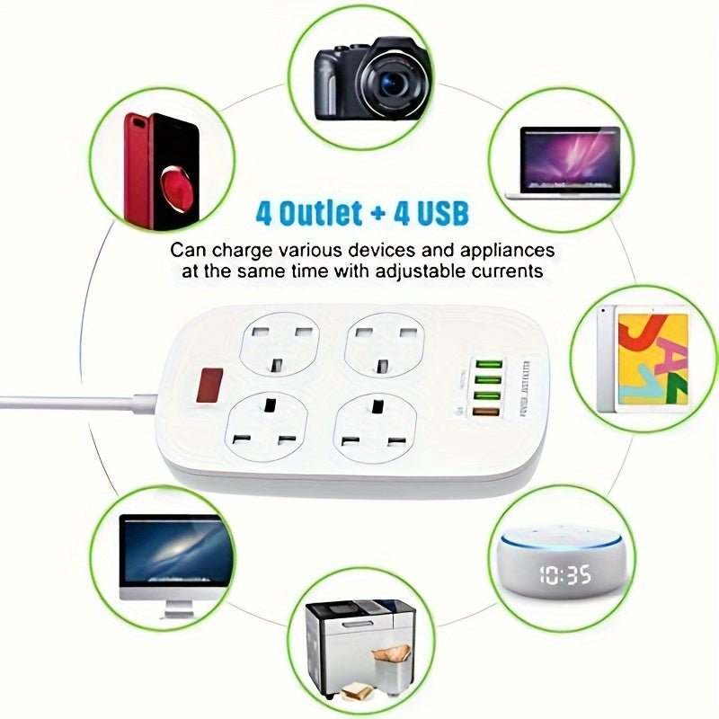 1pc HULKER 4-Way UK Power Strip Surge Protector with 4 USB Ports, 13A 3250W, 2m Extension Cord, British Specification Plug, 110V/220V Compatible, Rectangle with USB Slot Feature