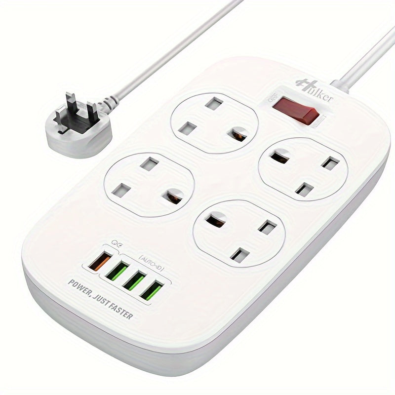 1pc HULKER 4-Way UK Power Strip Surge Protector with 4 USB Ports, 13A 3250W, 2m Extension Cord, British Specification Plug, 110V/220V Compatible, Rectangle with USB Slot Feature