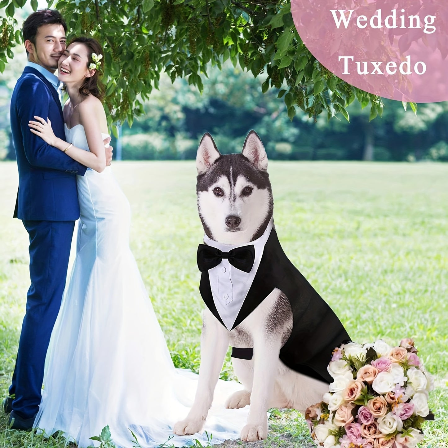 Elegant Black & White Dog Tuxedo with Bowtie - Formal Pet Suit for Large Breeds, Perfect for Weddings & Parties, Machine Washable Polyester - Sizes S to XXL