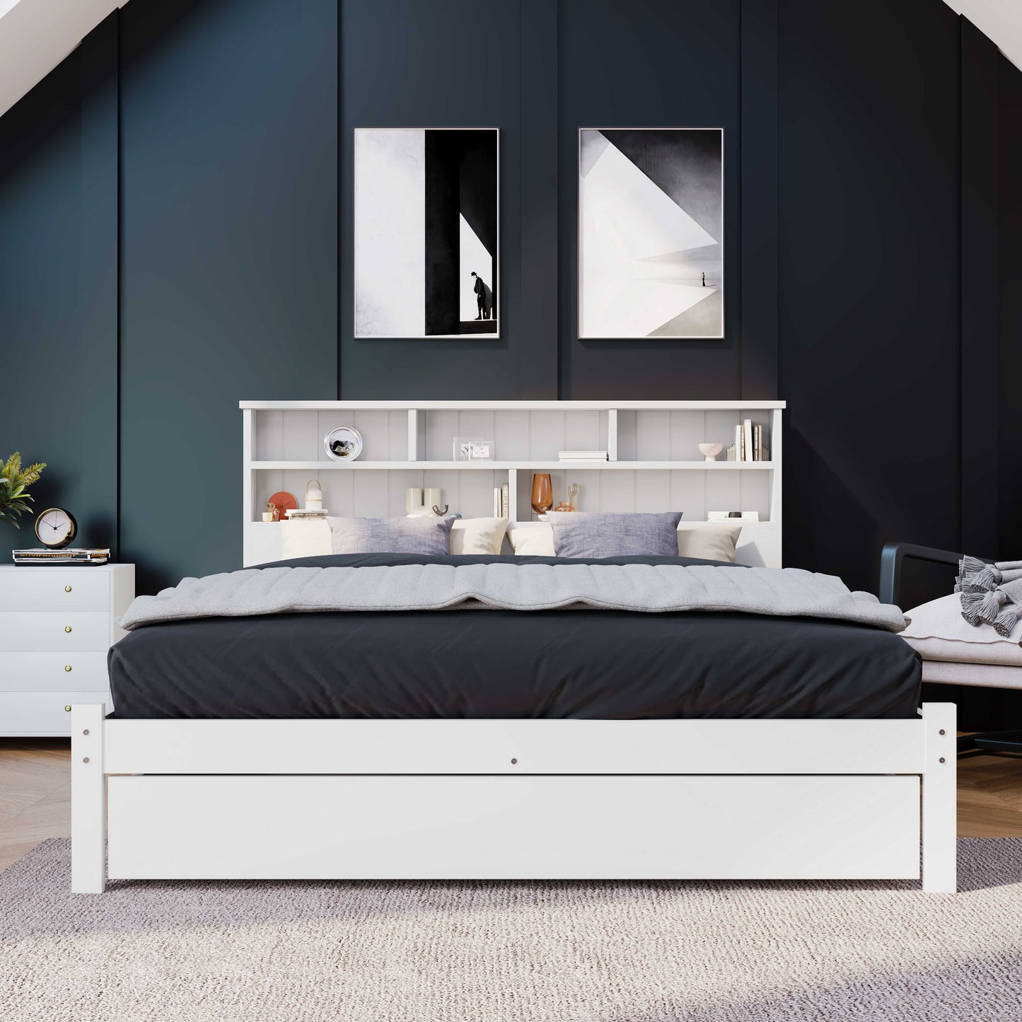 BTM UK New TV 4ft6 single Bed （90*190cm）Double (135 x 190 cm) Bed with Shelves, White Wooden Storage Bed, Underbed Drawer dusk bed