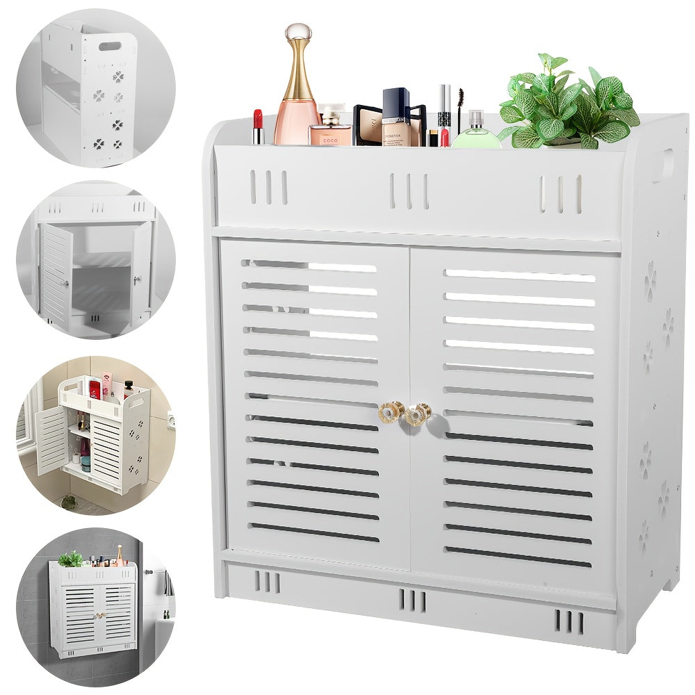 Versatile White Freestanding Bathroom Storage Cabinet - Waterproof & Mold-Proof, Large Capacity for Cosmetics & Toiletries, Slim Design with Ventilated Shelves, Ideal for Home & Office, 43x38x18cm, Bathroom Organizers And Sto