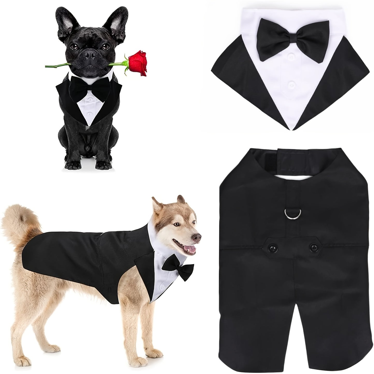 Elegant Black & White Dog Tuxedo with Bowtie - Formal Pet Suit for Large Breeds, Perfect for Weddings & Parties, Machine Washable Polyester - Sizes S to XXL