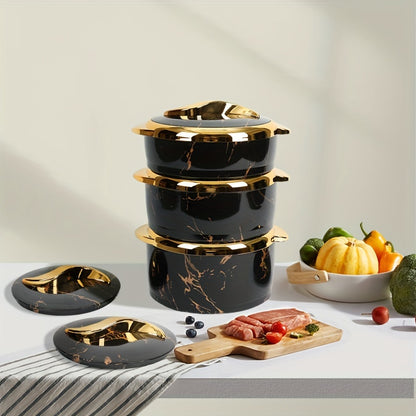 Elegant 3pcs Golden Touch Food Warmer Set - Insulated Stainless Steel Containers with Lids for Hot & Cold Dishes, Perfect for Buffets & Hot Pots, Includes 1.5L, 2L, 2.5L Sizes