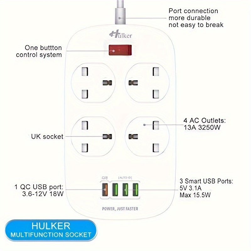 1pc HULKER 4-Way UK Power Strip Surge Protector with 4 USB Ports, 13A 3250W, 2m Extension Cord, British Specification Plug, 110V/220V Compatible, Rectangle with USB Slot Feature