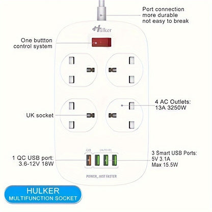 1pc HULKER 4-Way UK Power Strip Surge Protector with 4 USB Ports, 13A 3250W, 2m Extension Cord, British Specification Plug, 110V/220V Compatible, Rectangle with USB Slot Feature