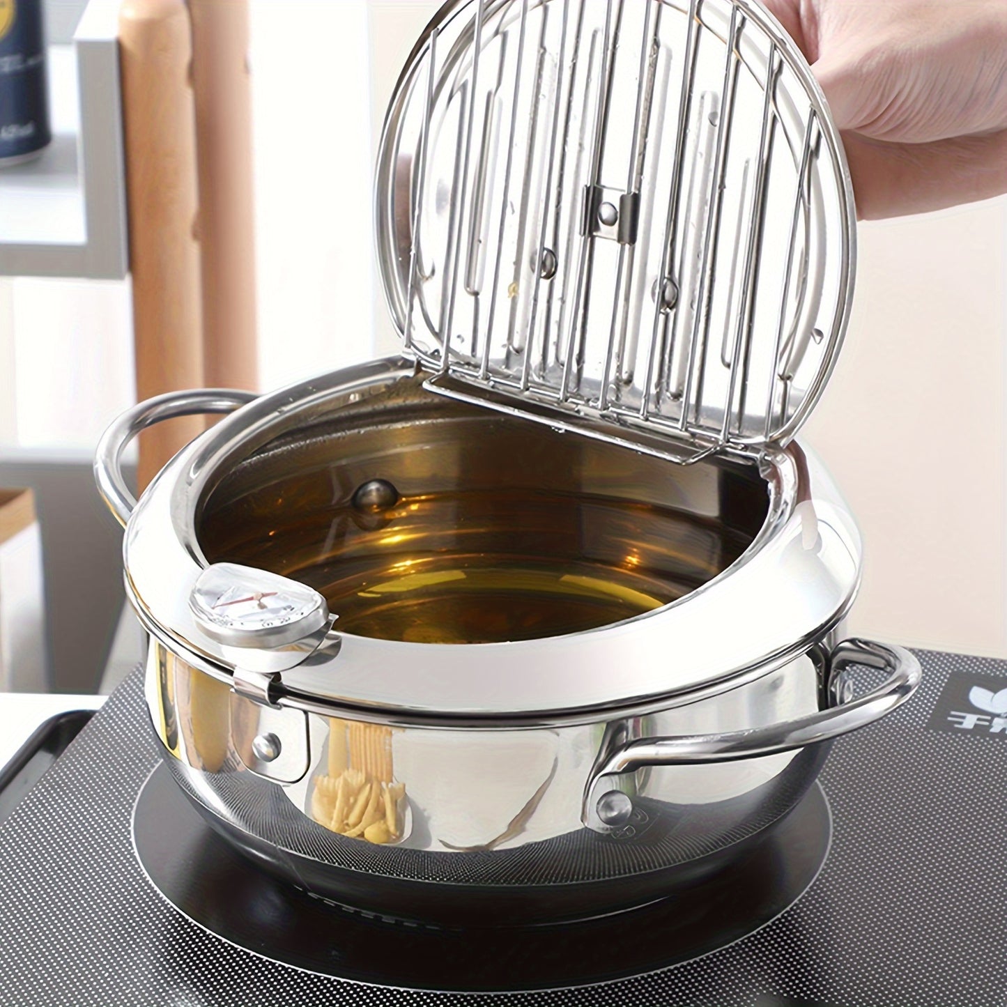 1pc Tempura Deep Fry Pot, Thickened Stainless Steel Tempura Fryer With Thermometer, Japanese Style Tempura Fryer Pan