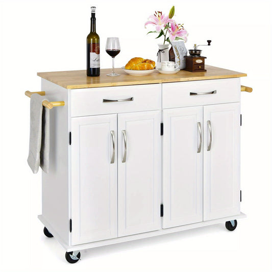 Rubber Wood Countertop Mobile Kitchen Island - Costway Utility Storage Trolley Cart