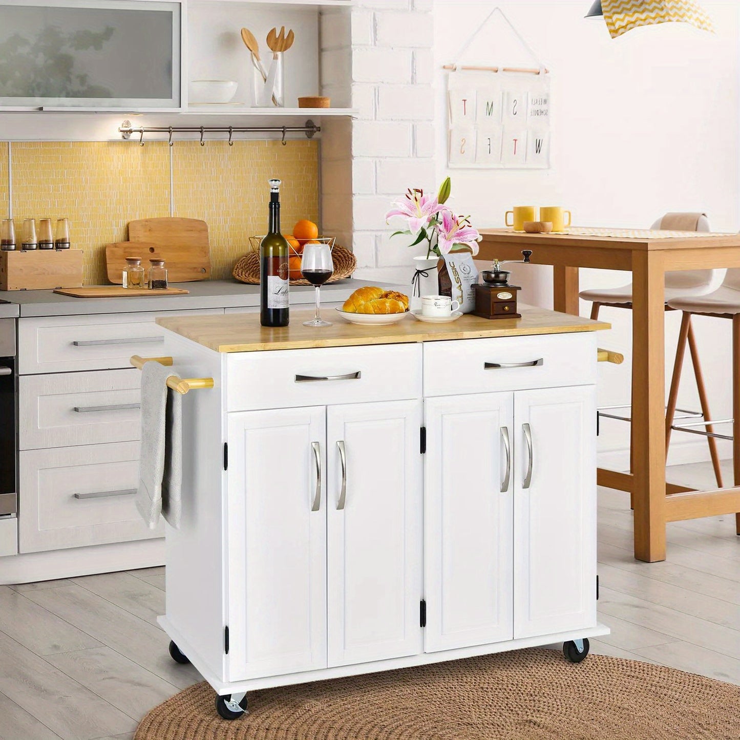 Rubber Wood Countertop Mobile Kitchen Island - Costway Utility Storage Trolley Cart