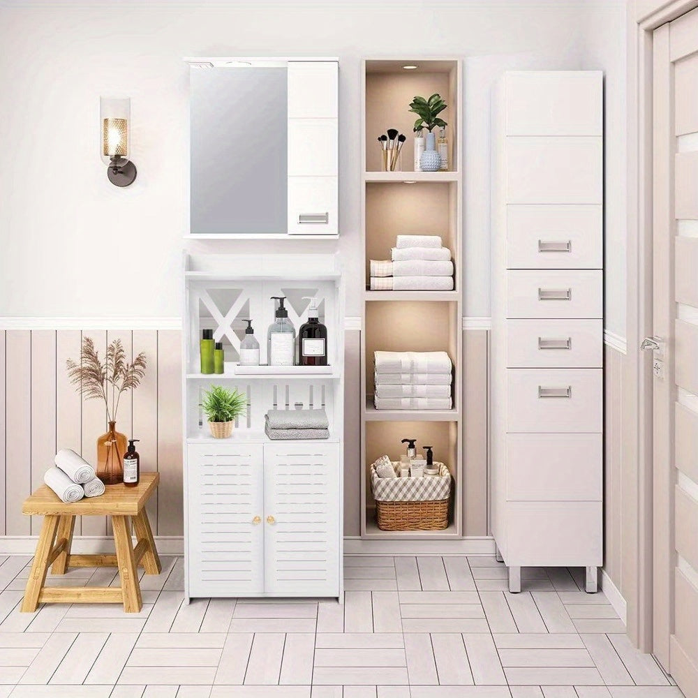 Bathroom Floor Cabinet 92x40x25cm Storage Unit with 3 Tier 2 Door Shelves White MDF Painted Wood Free Standing Cupboard for Bathroom Porch