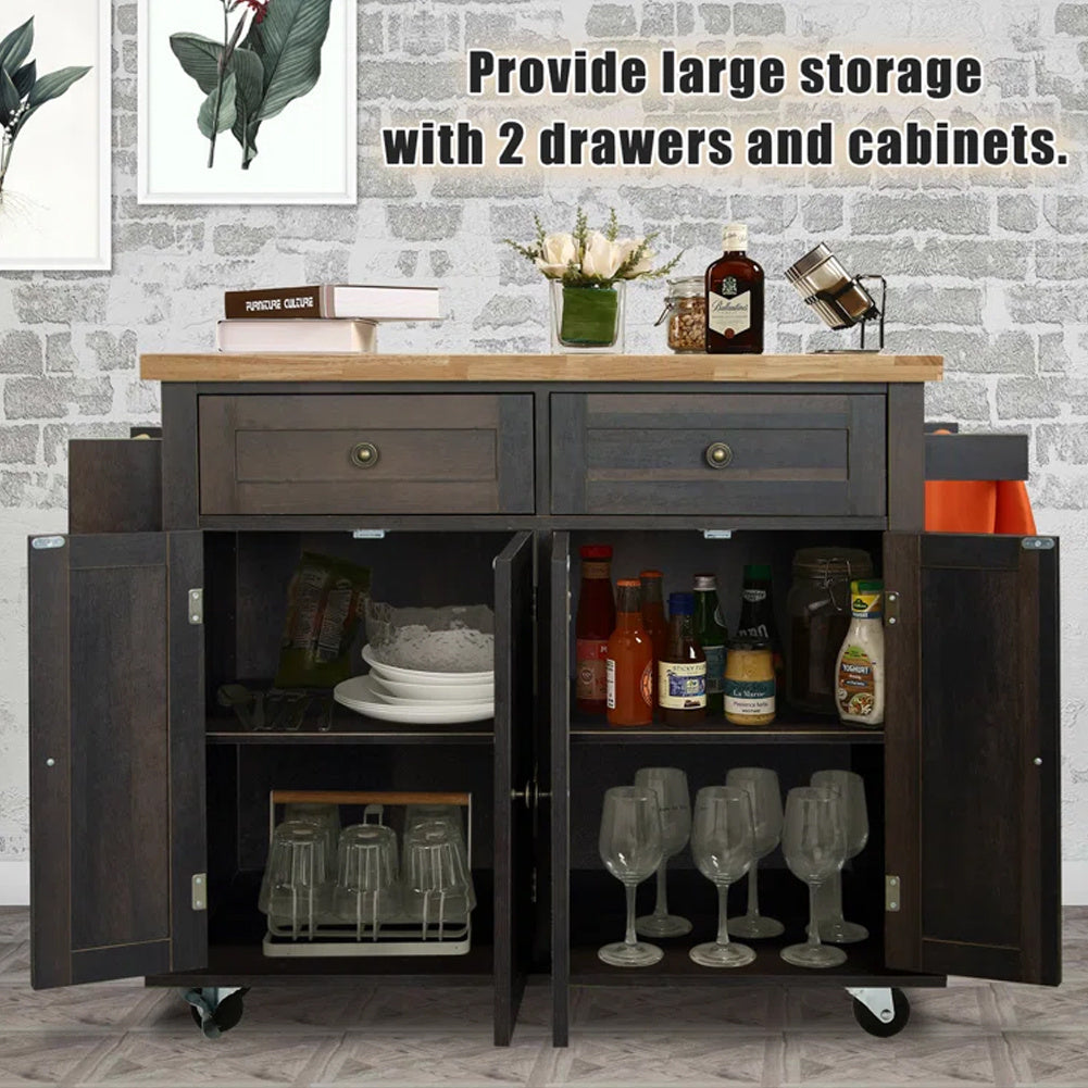 Large Kitchen Island Rolling Storage Trolley Cart with Rubber Wood Countertop, 3 Drawers, 2 Cabinets & Adjustable Shelf, Serving Utility Organiser Cabinet