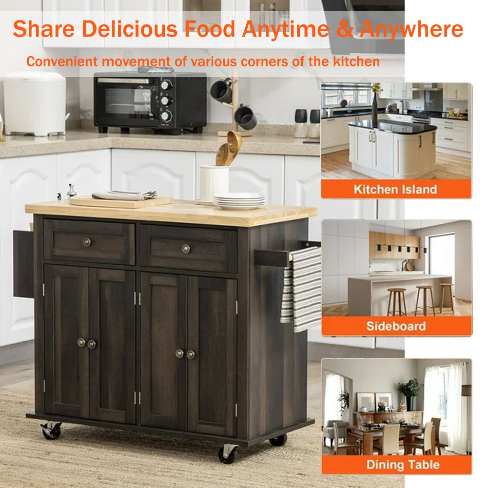 Large Kitchen Island Rolling Storage Trolley Cart with Rubber Wood Countertop, 3 Drawers, 2 Cabinets & Adjustable Shelf, Serving Utility Organiser Cabinet