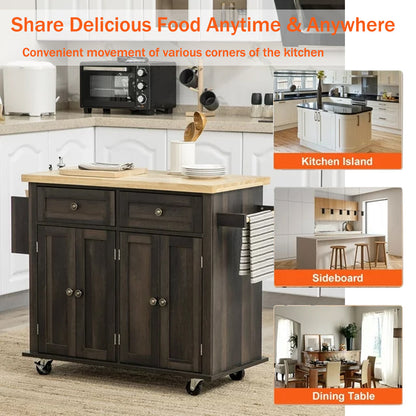 Large Kitchen Island Rolling Storage Trolley Cart with Rubber Wood Countertop, 3 Drawers, 2 Cabinets & Adjustable Shelf, Serving Utility Organiser Cabinet