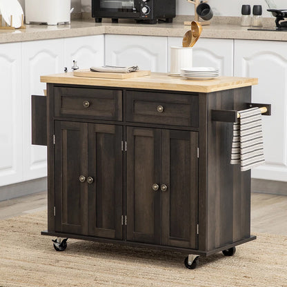 Large Kitchen Island Rolling Storage Trolley Cart with Rubber Wood Countertop, 3 Drawers, 2 Cabinets & Adjustable Shelf, Serving Utility Organiser Cabinet