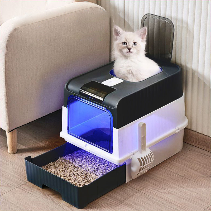 Large Cat Litter Box Self Cleaning Cat Pan Drawer Sterilize Deodorize Potty Tray, Cat Litter Box With Lid And Scoop UV Sterilization And Deodorization, Easy To Clean And Splash-proof Detachable Cat Litter Tray With Hood For M