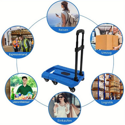 Telescopic Folding Trolley with 6 Swivel Wheels, 400kg Capacity Foldable Truck Luggage Cart with Adjustable Handle for Warehouse and Factory, Quick and Easy Transport, Cart Length:44.96-58.42cm (Blue)