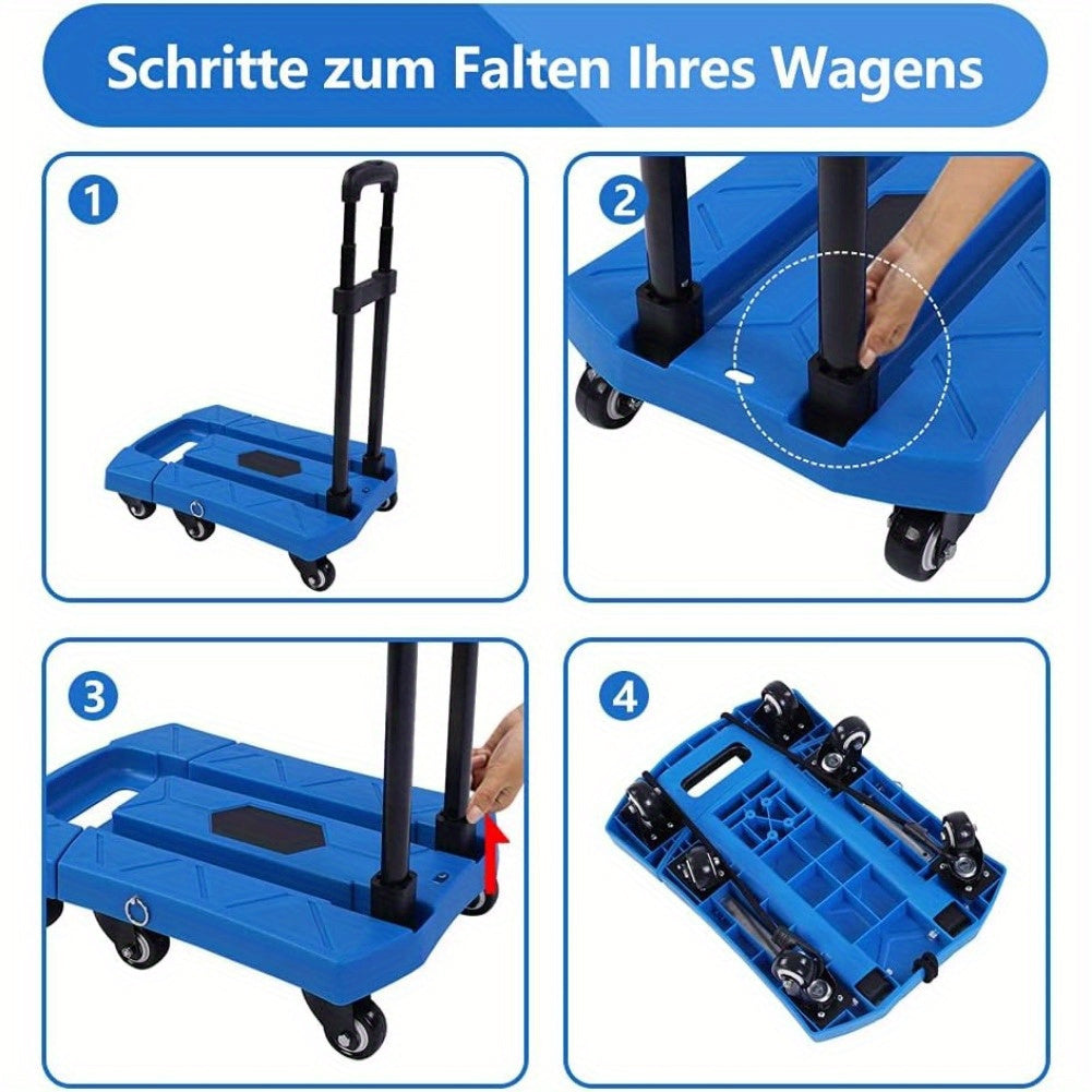 Telescopic Folding Trolley with 6 Swivel Wheels, 400kg Capacity Foldable Truck Luggage Cart with Adjustable Handle for Warehouse and Factory, Quick and Easy Transport, Cart Length:44.96-58.42cm (Blue)