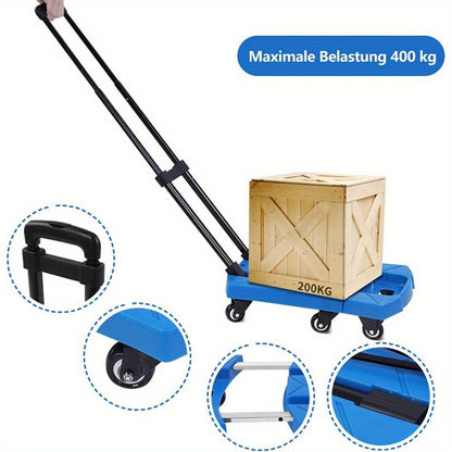 Telescopic Folding Trolley with 6 Swivel Wheels, 400kg Capacity Foldable Truck Luggage Cart with Adjustable Handle for Warehouse and Factory, Quick and Easy Transport, Cart Length:44.96-58.42cm (Blue)