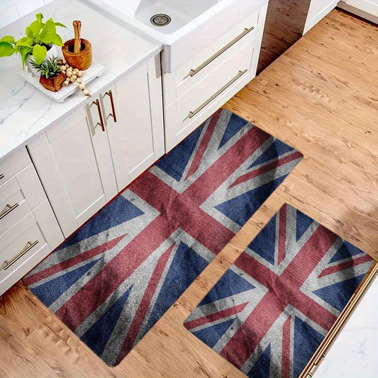 British Union Jack Design Kitchen Rug, 1pc, Anti-Fatigue Non-Slip Absorbent Polyester Mat, 0.99 cm Thick Flannel, Comfort Standing Pad for Home Decor, Suitable for Office, Bedroom, Bathroom, Washable by Hand (Multiple Sizes A