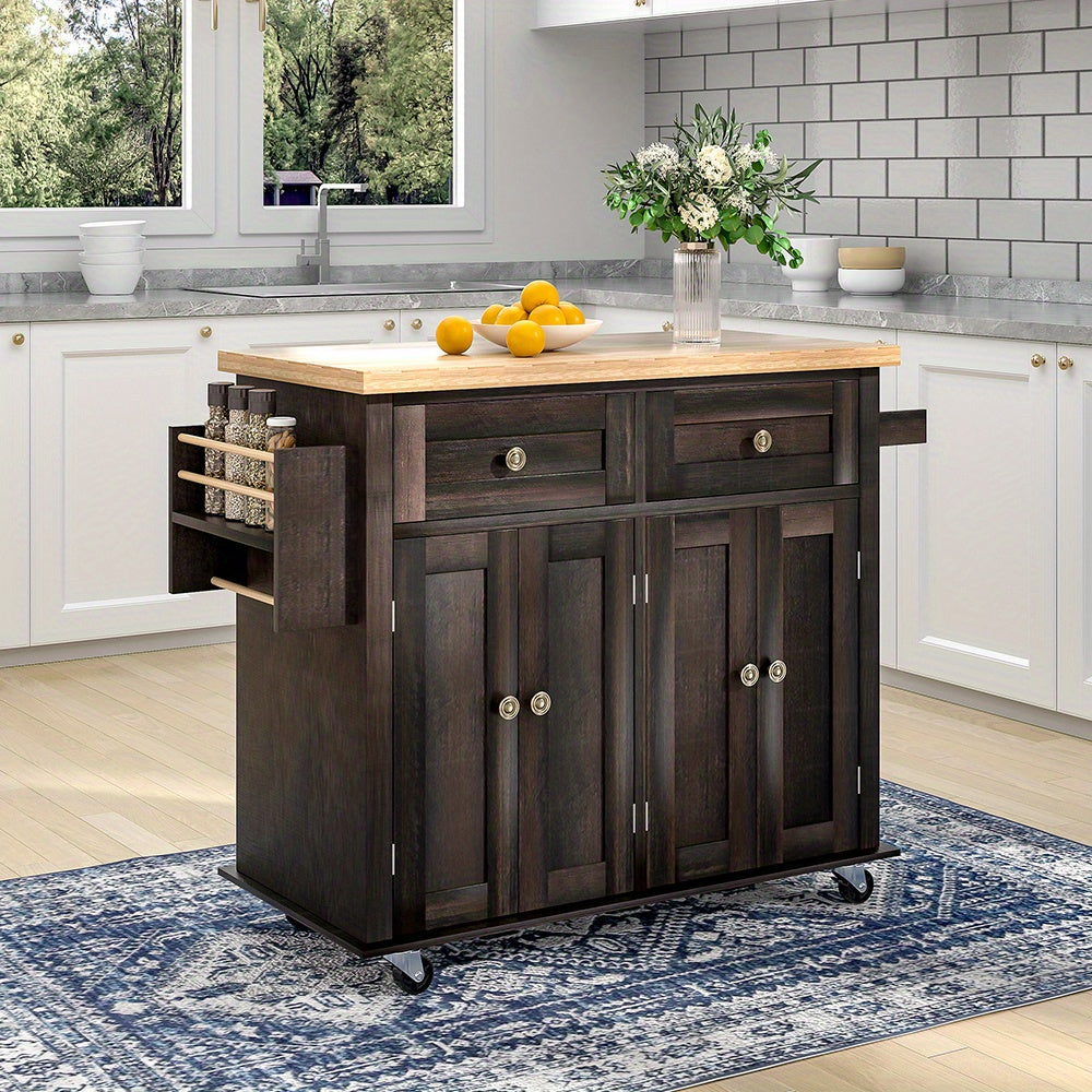 1 Piece, Kitchen Island on Wheels Large Kitchen Trolleys with Storage Cabinet 2 Shelves and 2 Drawers, Mobile Utility Kitchen Storage Islands & Carts, 110*45*82 Cm