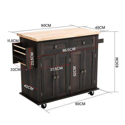 1 Piece, Kitchen Island on Wheels Large Kitchen Trolleys with Storage Cabinet 2 Shelves and 2 Drawers, Mobile Utility Kitchen Storage Islands & Carts, 110*45*82 Cm