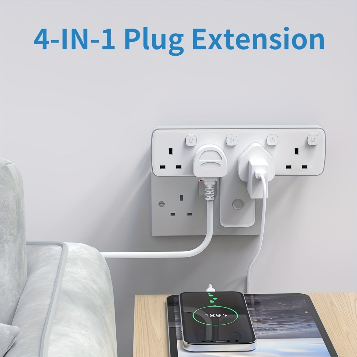 MSCIEN 4-Way UK Plug Wall Extension Socket with ON/OFF Switches, Surge Protector, USB Slot, 180 Degree Rotation, 3250W Power Max for Home Office Travel - Flat Shape, 220-240V