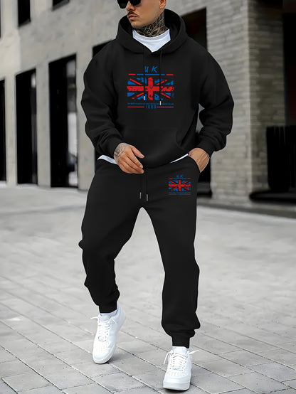 2pcs Men's Retro UK Flag Print Long Sleeve Hoodie + Sweatpants Set, Casual Trendy Co-ord Set As Gift