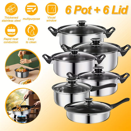 12pcs Stainless Steel Pot Set, Stainless Steel Cooking Pot, 6 Pots + 6 Lids, Stainless Steel Double Handles with Lid, Deep Soup Pot, Suitable for Home And Restaurant Cooking, Suitable for Soup, Hot Pot, Noodles, Pasta, Seafoo