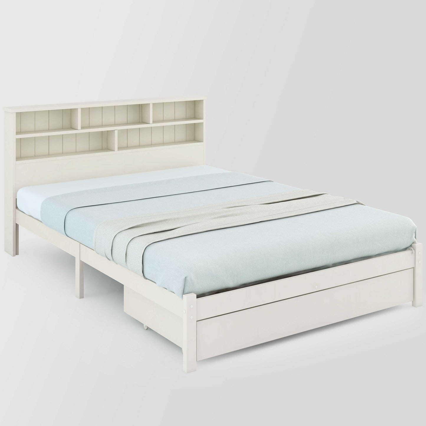 BTM UK New TV 4ft6 single Bed （90*190cm）Double (135 x 190 cm) Bed with Shelves, White Wooden Storage Bed, Underbed Drawer dusk bed