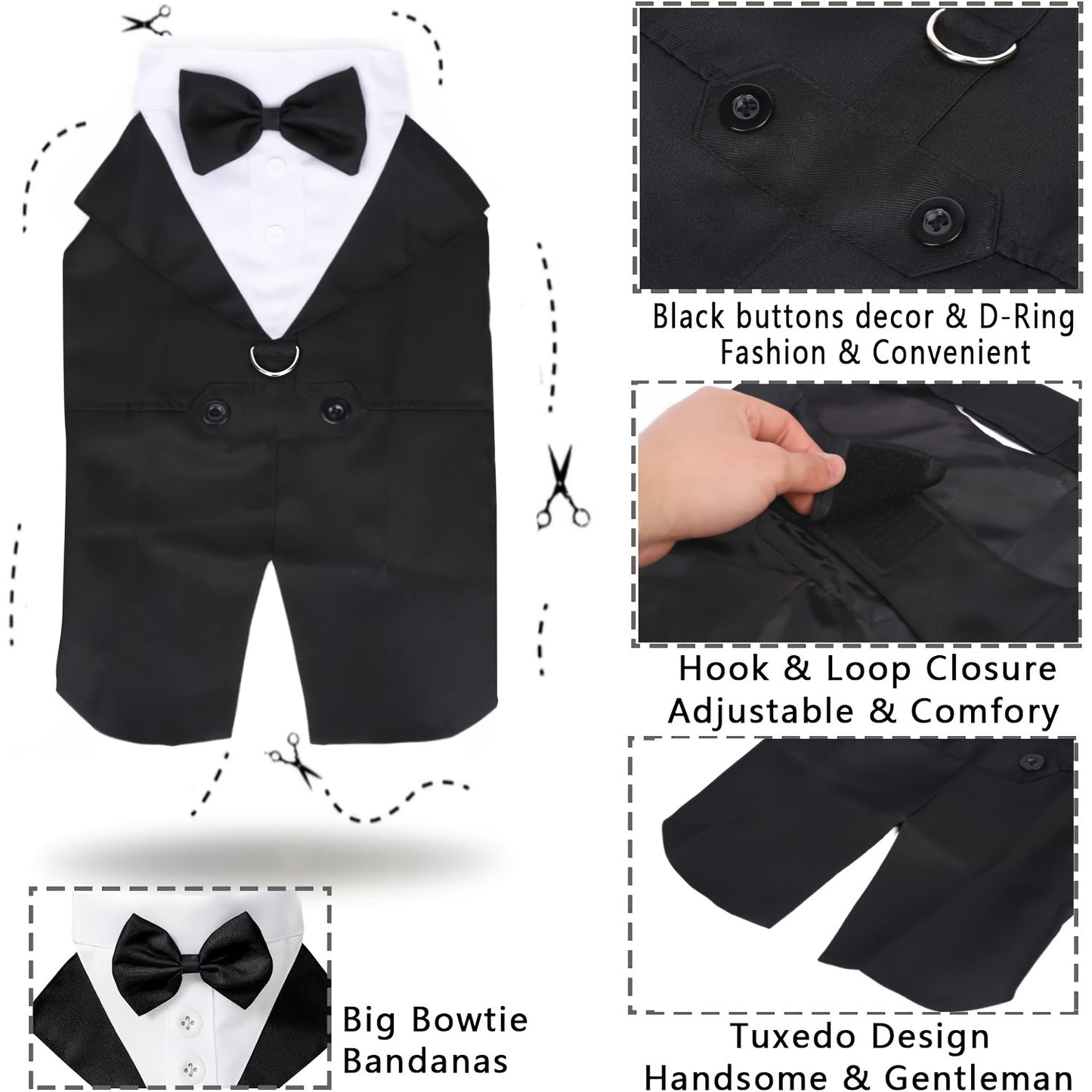 Elegant Black & White Dog Tuxedo with Bowtie - Formal Pet Suit for Large Breeds, Perfect for Weddings & Parties, Machine Washable Polyester - Sizes S to XXL