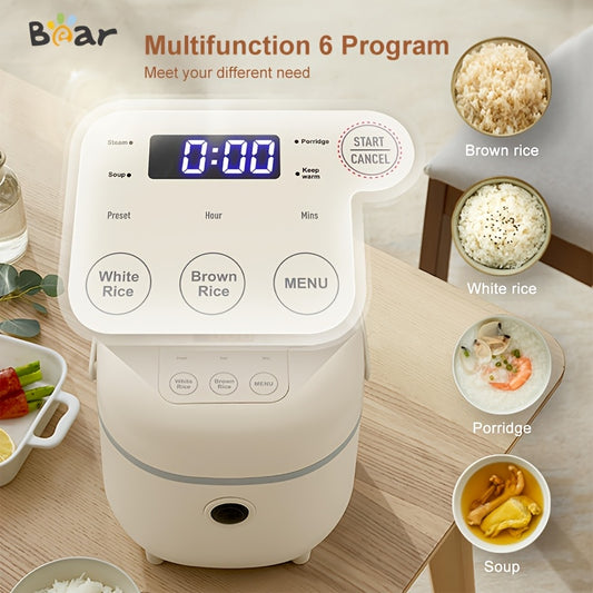 Bear 3.5-Cup Digital Rice Cooker with Steamer - 6 Cooking Functions - 350W - 220-240V - Square Design - British Plug - Ideal for 2-3 servings - White/Brown Rice, Porridge, Soup