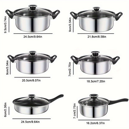 12pcs Stainless Steel Pot Set, Stainless Steel Cooking Pot, 6 Pots + 6 Lids, Stainless Steel Double Handles with Lid, Deep Soup Pot, Suitable for Home And Restaurant Cooking, Suitable for Soup, Hot Pot, Noodles, Pasta, Seafoo