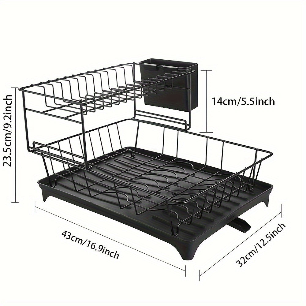 1pc Large 2-Tier Stainless Steel Dish Drying Rack With Drainboard Set - Space-Saving, Lockable, Floor-Mounted Kitchen Organizer Utensil Holder, And Extra Drying Mat For Efficient Dish Drying And Organization Perfect For Kitch