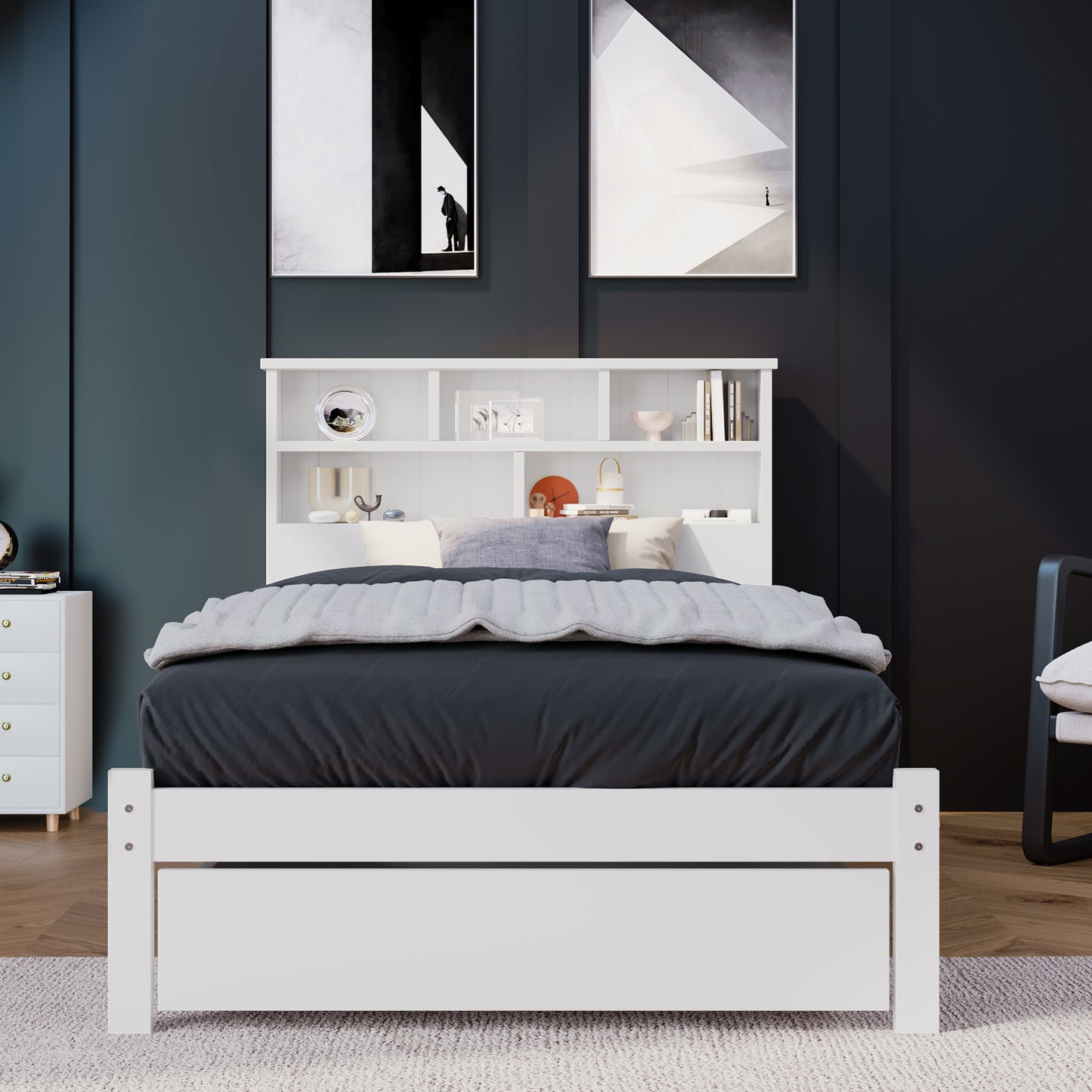 BTM UK New TV 4ft6 single Bed （90*190cm）Double (135 x 190 cm) Bed with Shelves, White Wooden Storage Bed, Underbed Drawer dusk bed