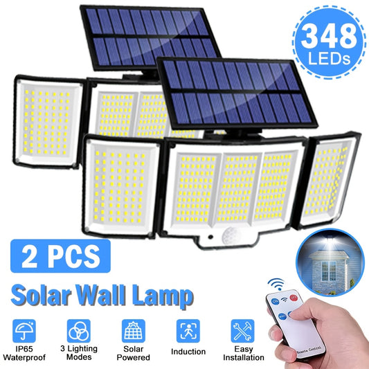 348LED 3 Heads Solar Motion Sensor Lights - 2PCS Outdoor Garden Security Flood Lights With Remote Control - 270° Wide Angle Wall Lamp With 3 Modes For Garden, Yard Pathway, Garage, Street Light Dusk To Dawn