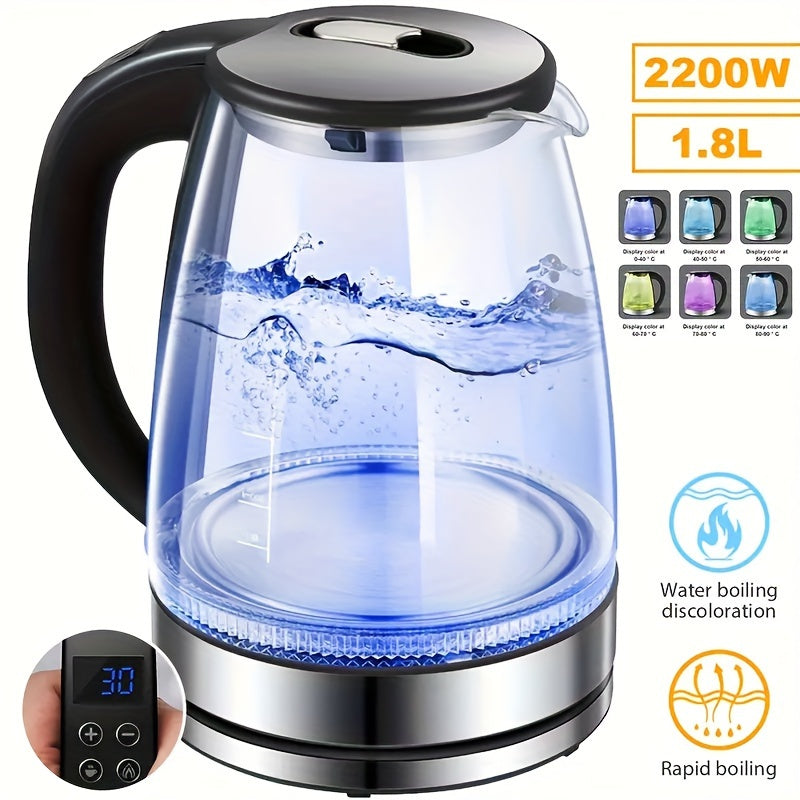 2L 1800W High Borosilicate Glass Electric Kettle with Stainless Steel Fast Boiling Element, Blue LED Lighting, 360° Rotatable Base, Auto Shut-Off, and Dry Burn Protection - Perfect for Home & Office