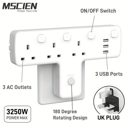 3250W Max Power 3 Way UK Plug Wall Electrical Outlet Adapter with 3 USB Ports, Surge Protection, ON/OFF Switches, and 180 Degree Rotation Button Design