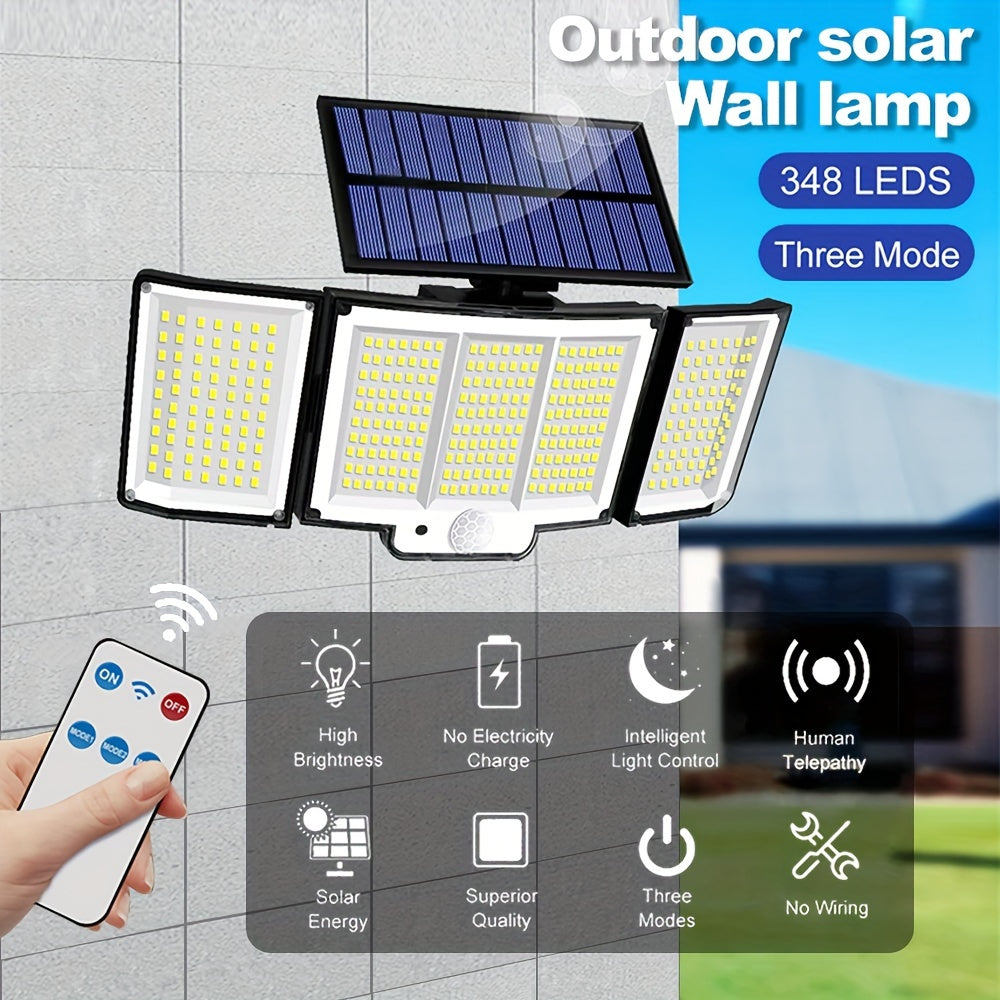 348LED 3 Heads Solar Motion Sensor Lights - 2PCS Outdoor Garden Security Flood Lights With Remote Control - 270° Wide Angle Wall Lamp With 3 Modes For Garden, Yard Pathway, Garage, Street Light Dusk To Dawn