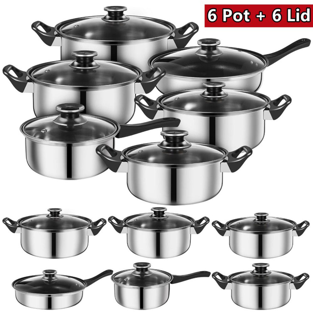 6 Pcs Stainless Steel Saucepan Essential Cookware Set With Glass Lids & Sturdy Handles Pot Prima Kitchen Cook Home Chef Cooking Sauce Pan Housewarming Gifts UK