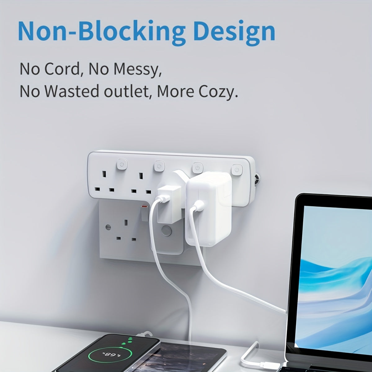 MSCIEN 4-Way UK Plug Wall Extension Socket with ON/OFF Switches, Surge Protector, USB Slot, 180 Degree Rotation, 3250W Power Max for Home Office Travel - Flat Shape, 220-240V