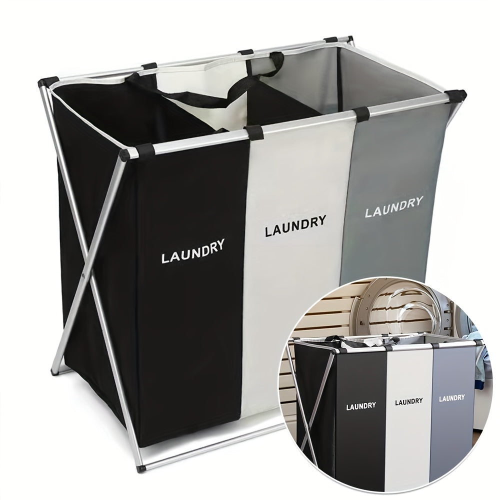 Large Capacity 3-Section Foldable Laundry Hamper Sorter Basket Bag with Aluminum Frame, Breathable and Easy to Clean, 135L, 24'' × 14'' X 23'', White+Grey+Black