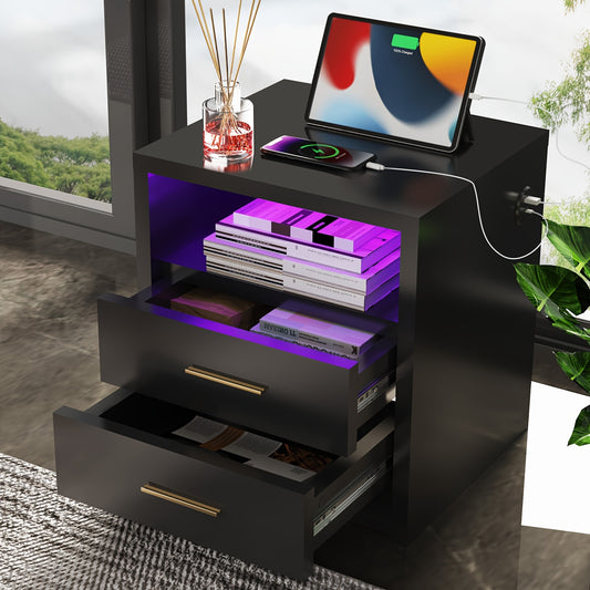 Elegant Black Night Stand with 2 Drawers, High-Gloss Finish & RGB LED Lights - USB/Type-C Ports for Device Charging, Ample Storage - Ideal for Modern Bedrooms