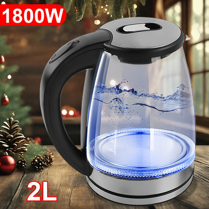 2L 1800W High Borosilicate Glass Electric Kettle with Stainless Steel Fast Boiling Element, Blue LED Lighting, 360° Rotatable Base, Auto Shut-Off, and Dry Burn Protection - Perfect for Home & Office