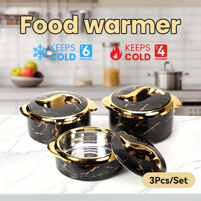 Elegant 3pcs Golden Touch Food Warmer Set - Insulated Stainless Steel Containers with Lids for Hot & Cold Dishes, Perfect for Buffets & Hot Pots, Includes 1.5L, 2L, 2.5L Sizes