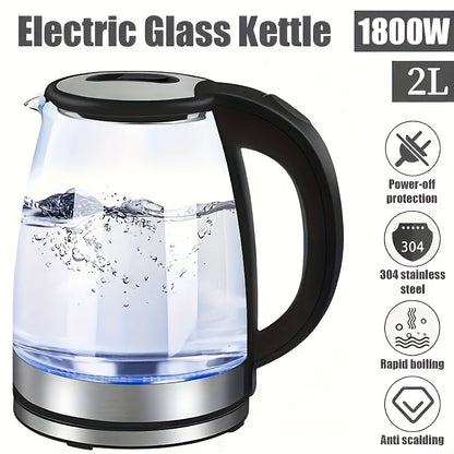 2L 1800W High Borosilicate Glass Electric Kettle with Stainless Steel Fast Boiling Element, Blue LED Lighting, 360° Rotatable Base, Auto Shut-Off, and Dry Burn Protection - Perfect for Home & Office