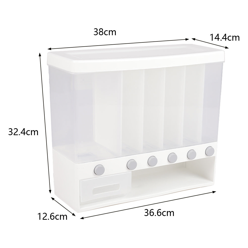 6-in-1 Large Sealed Food Storage Container - Wall-Mounted Cereal Dispenser, Rice and Beans Organizer, 38.0*14.4*32.41 cm, White Plastic