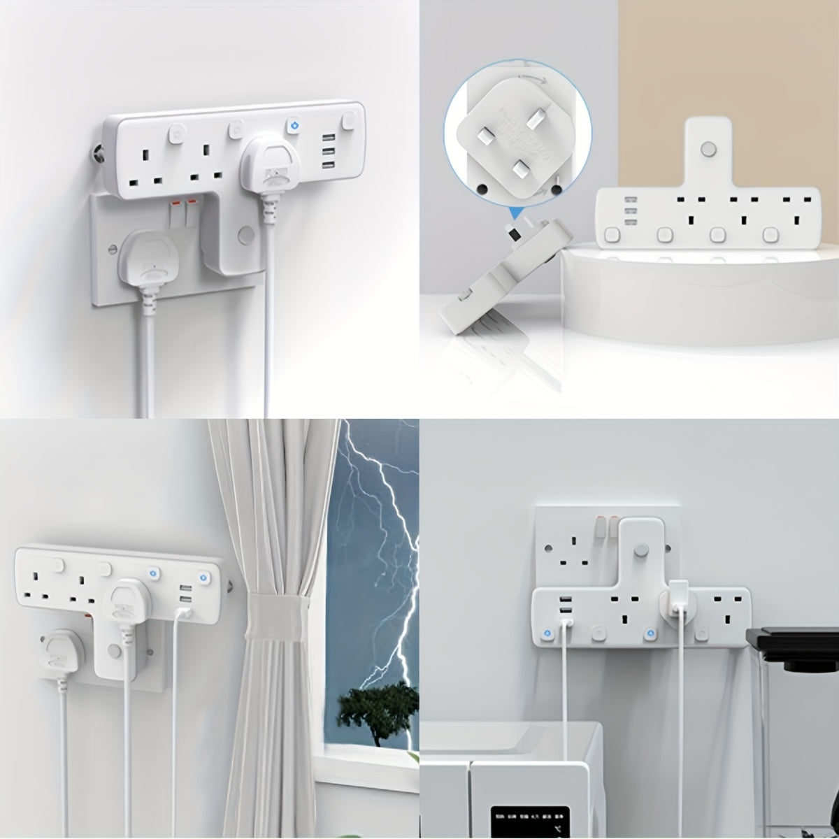 3250W Max Power 3 Way UK Plug Wall Electrical Outlet Adapter with 3 USB Ports, Surge Protection, ON/OFF Switches, and 180 Degree Rotation Button Design