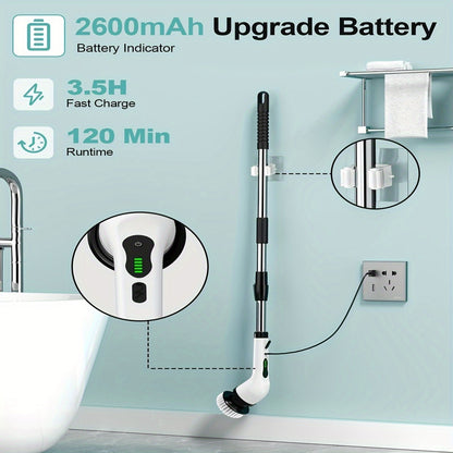 Electric Rotary Cleaner, 2H Power Dual Speed Cordless Cleaning Brush, Adjustable Extension Handle With 9 Replaceable Brush Heads, Suitable For Bathroom Bathtub Tile Floor Car