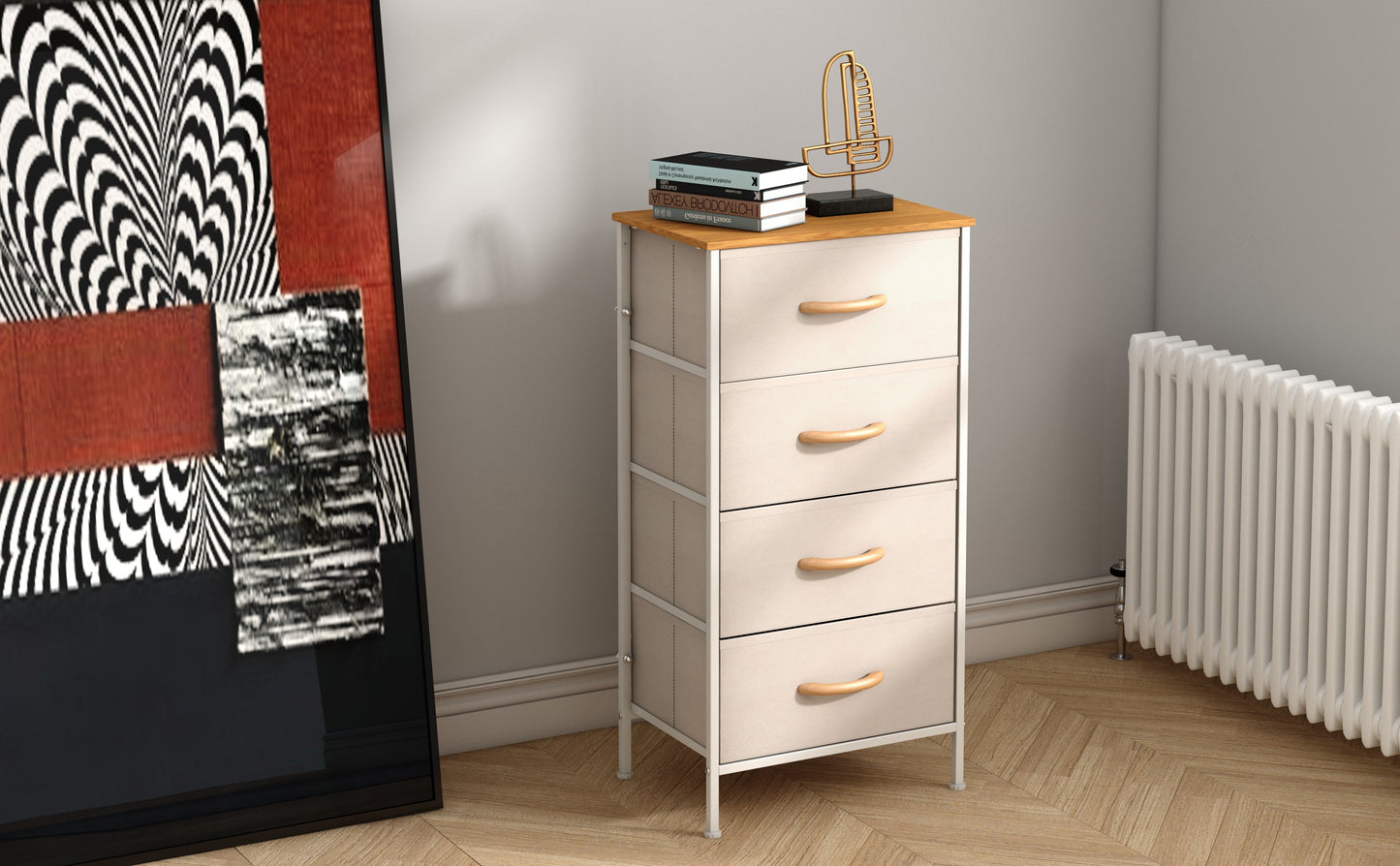 4-Drawer Modern Tower Art Storage Cabinet with Wooden Top and Metal Frame for Living Room and Bedroom